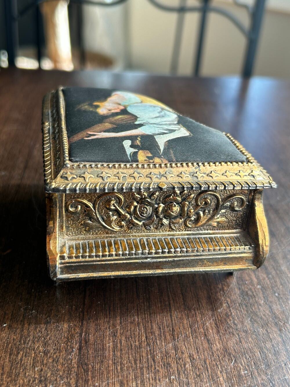 Vintage Metal Piano Cross Japan Music Jewelry Box Fragonard w/ Girl